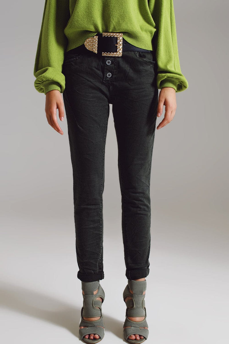 Q2 Women's Jean Skinny Jeans With Visible Buttons In Military Green