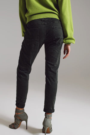 Q2 Women's Jean Skinny Jeans With Visible Buttons In Military Green