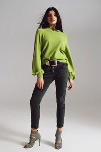 Q2 Women's Jean Skinny Jeans With Visible Buttons In Military Green