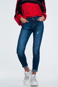 Q2 Women's Jean Skinny Jeans with Wear Detail