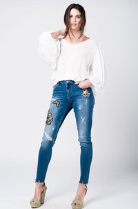 Q2 Women's Jean Skinny rip jeans with embroidered patches