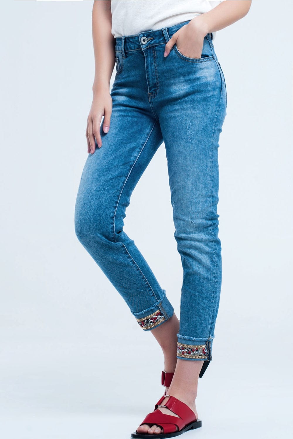 Q2 Women's Jean Straight ankle jeans with crystal detail