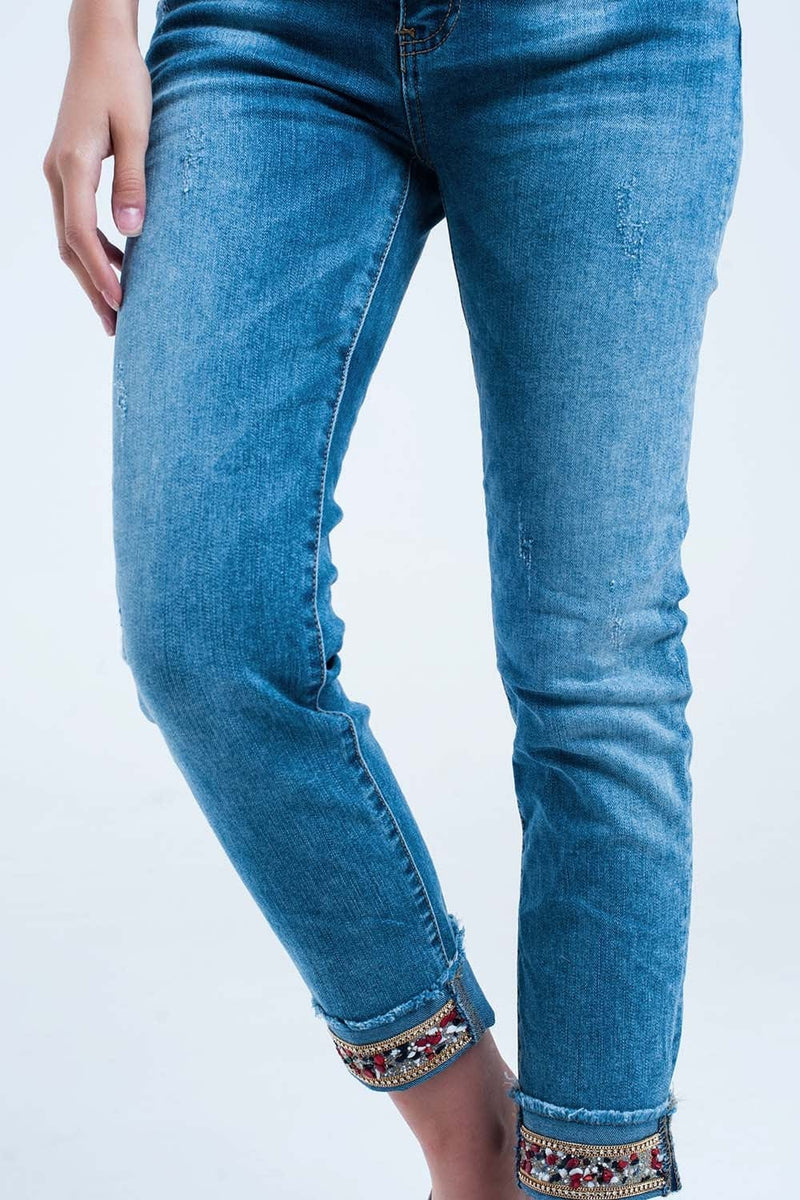 Q2 Women's Jean Straight ankle jeans with crystal detail