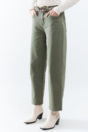 Q2 Women's Jean Straight Ankle-Length Pants In Khaki With Knee Seam Detail