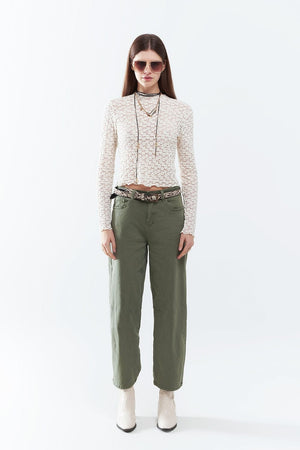 Q2 Women's Jean Straight Ankle-Length Pants In Khaki With Knee Seam Detail