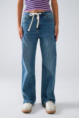 Q2 Women's Jean Straight Blue Jean With Drawstring