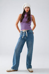 Q2 Women's Jean Straight Blue Jean With Drawstring