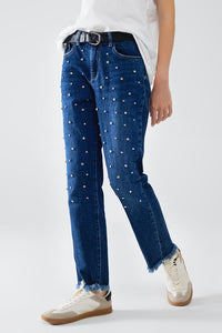 Q2 Women's Jean Straight Blue Jeans With Strass Front Details And Frayed Ends