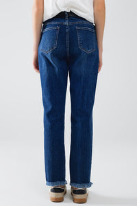 Q2 Women's Jean Straight Blue Jeans With Strass Front Details And Frayed Ends