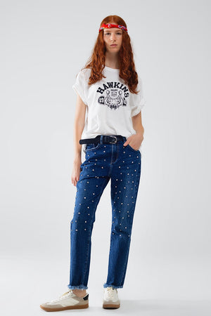 Q2 Women's Jean Straight Blue Jeans With Strass Front Details And Frayed Ends