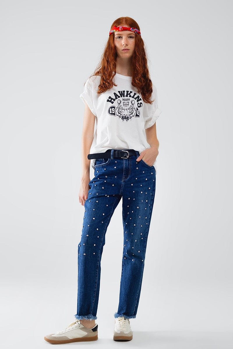 Q2 Women's Jean Straight Blue Jeans With Strass Front Details And Frayed Ends