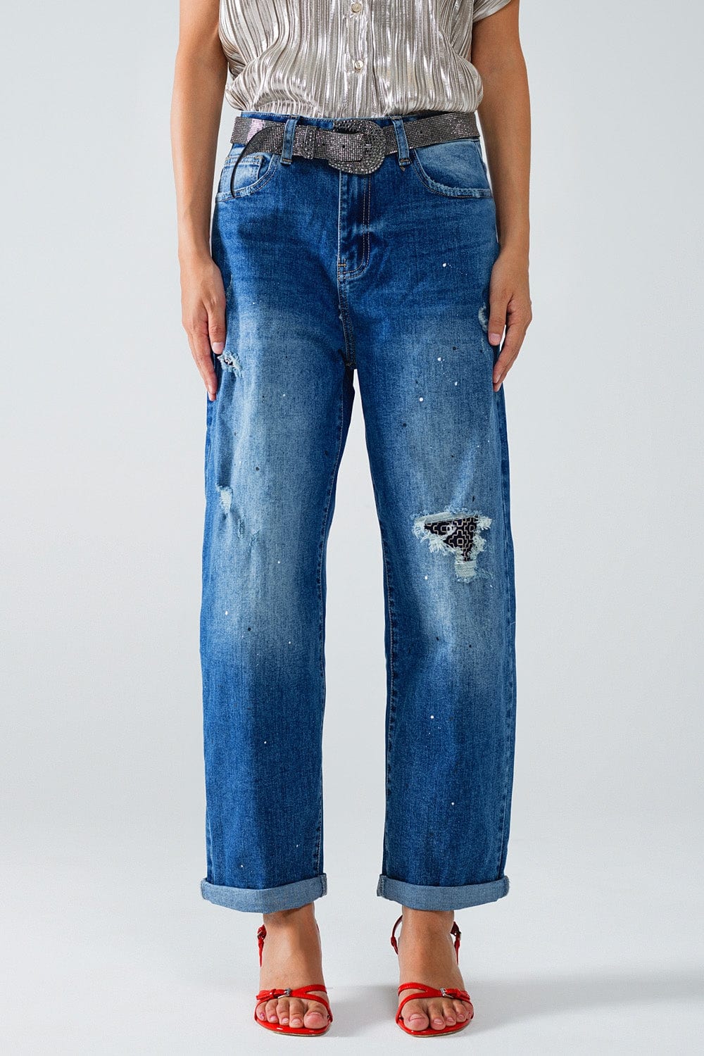 Q2 Women's Jean Straight Distressed Jeans With Paint Stains Details