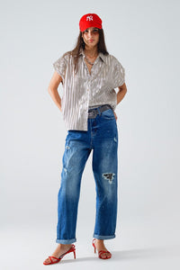 Q2 Women's Jean Straight Distressed Jeans With Paint Stains Details