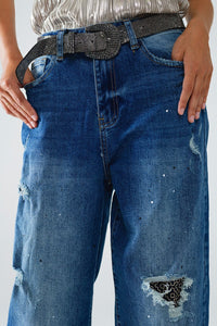 Q2 Women's Jean Straight Distressed Jeans With Paint Stains Details