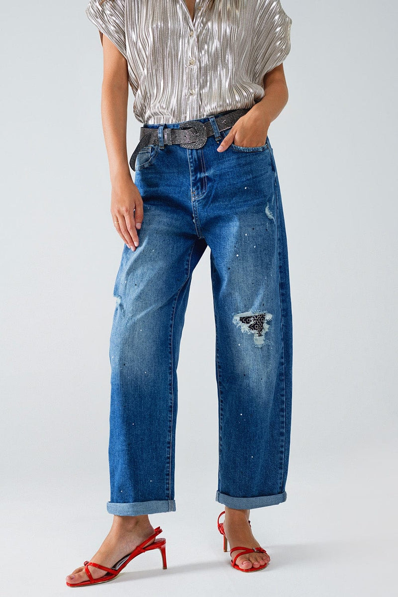 Q2 Women's Jean Straight Distressed Jeans With Paint Stains Details