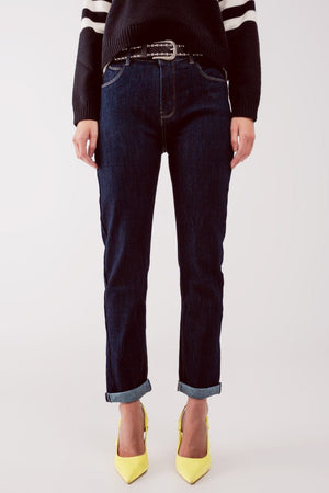 Q2 Women's Jean Straight Fit Jeans in Dark Wash Blue