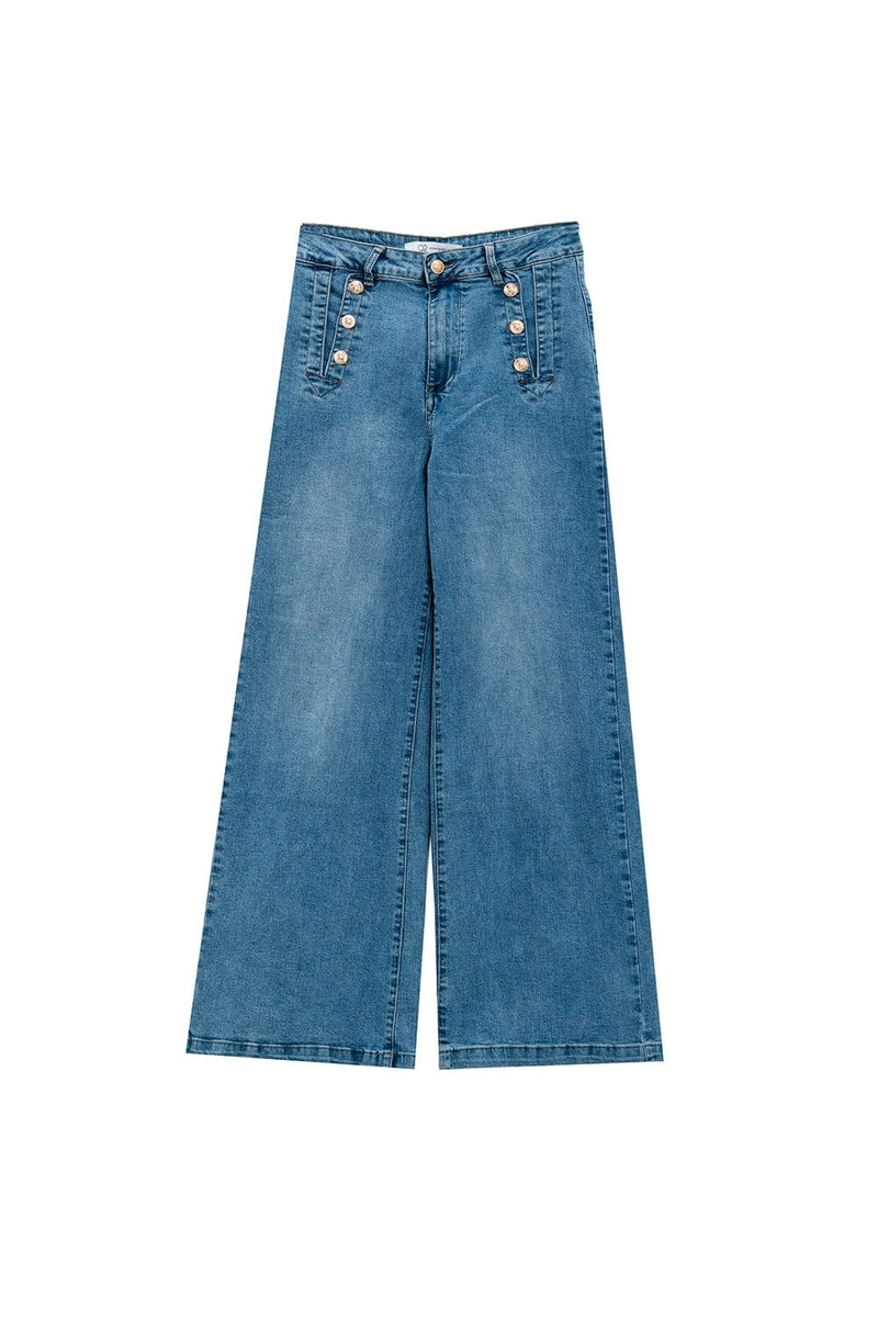 Q2 Women's Jean Straight Flared Jeans In Washed Blue With Button Detail