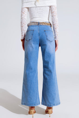 Q2 Women's Jean Straight Flared Jeans In Washed Blue With Button Detail