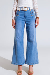 Q2 Women's Jean Straight Flared Jeans In Washed Blue With Button Detail