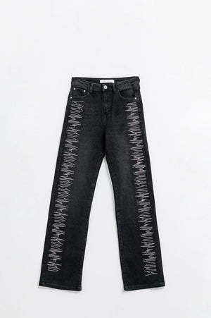 Q2 Women's Jean Straight Jeans In Black With Silver Strass Details