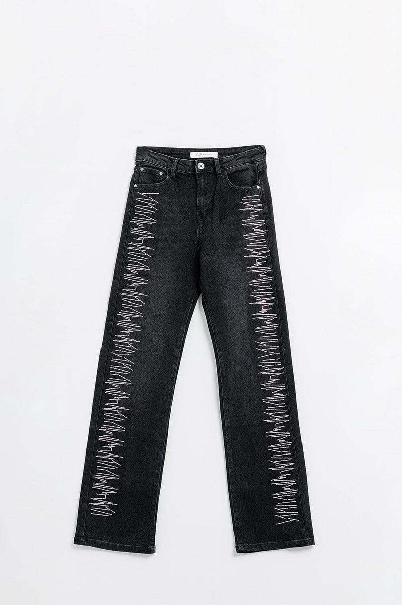 Q2 Women's Jean Straight Jeans In Black With Silver Strass Details