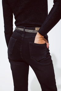 Q2 Women's Jean Straight Jeans In Black With Silver Strass Details