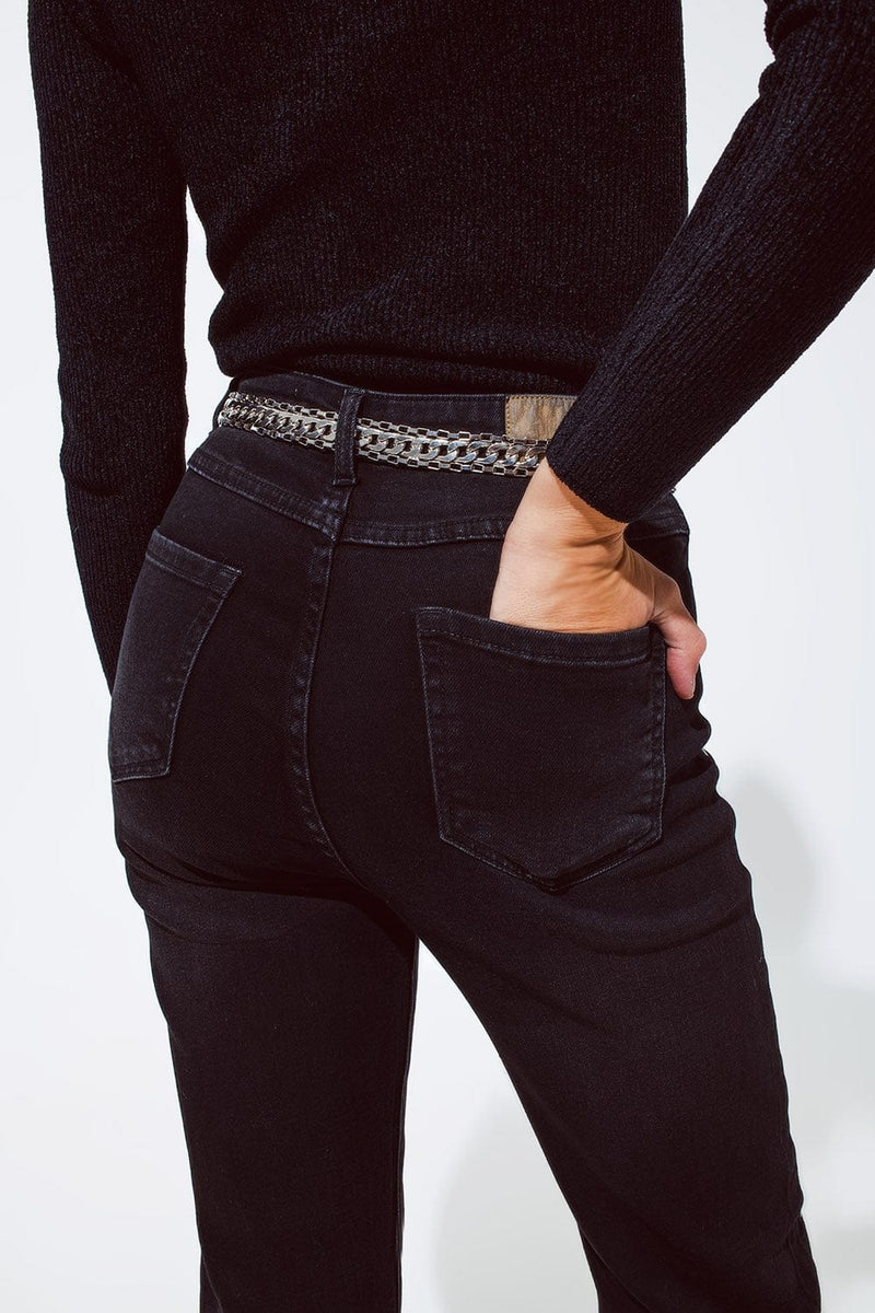 Q2 Women's Jean Straight Jeans In Black With Silver Strass Details