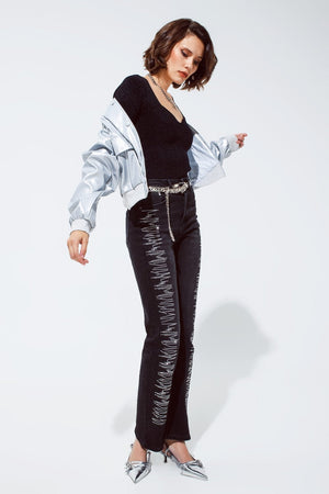 Q2 Women's Jean Straight Jeans In Black With Silver Strass Details