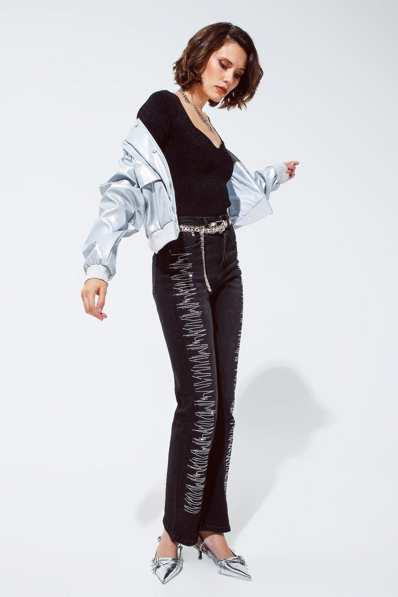 Q2 Women's Jean Straight Jeans In Black With Silver Strass Details