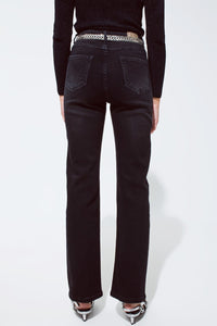 Q2 Women's Jean Straight Jeans In Black With Silver Strass Details