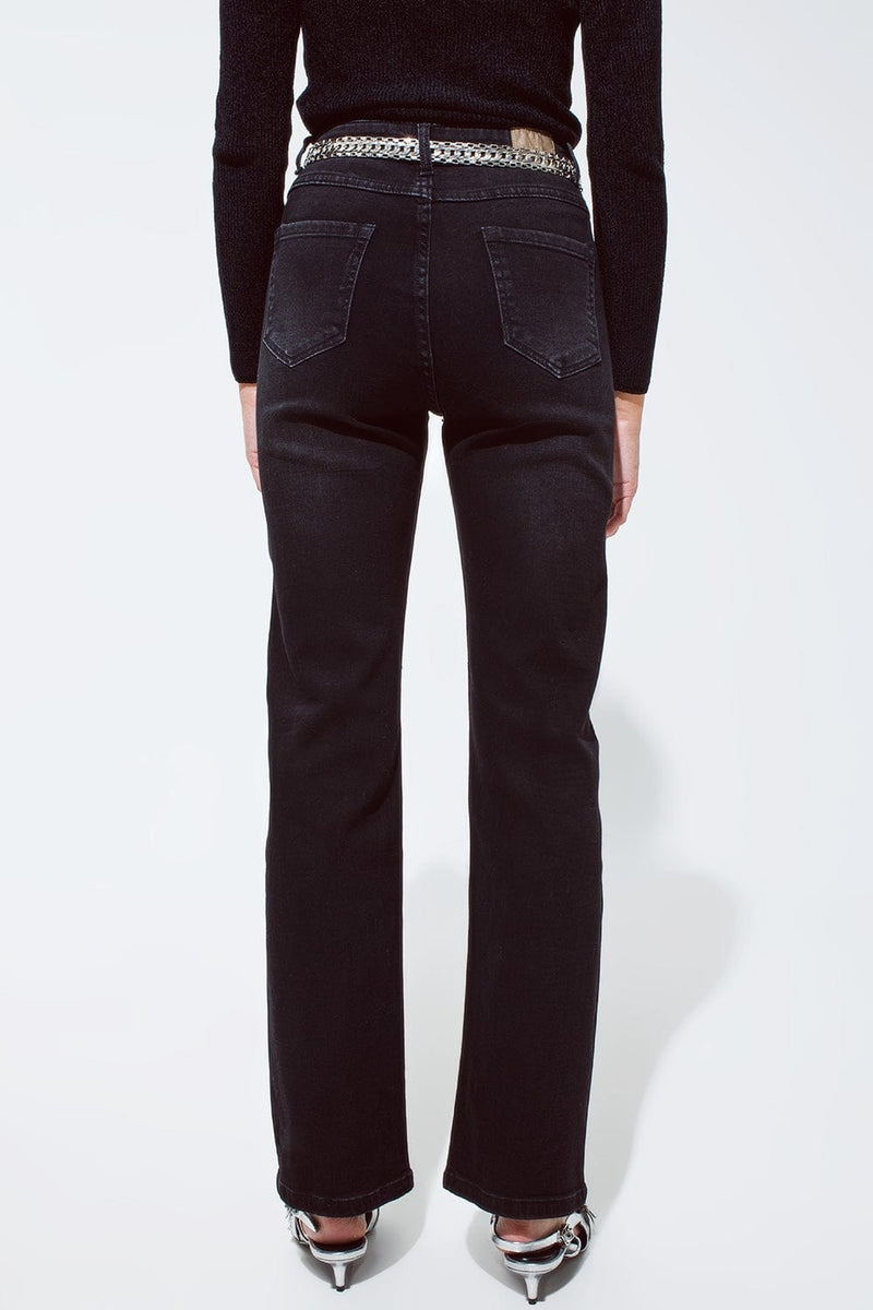 Q2 Women's Jean Straight Jeans In Black With Silver Strass Details