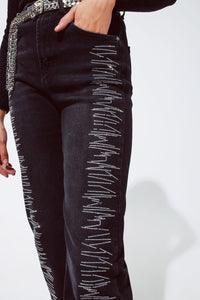 Q2 Women's Jean Straight Jeans In Black With Silver Strass Details