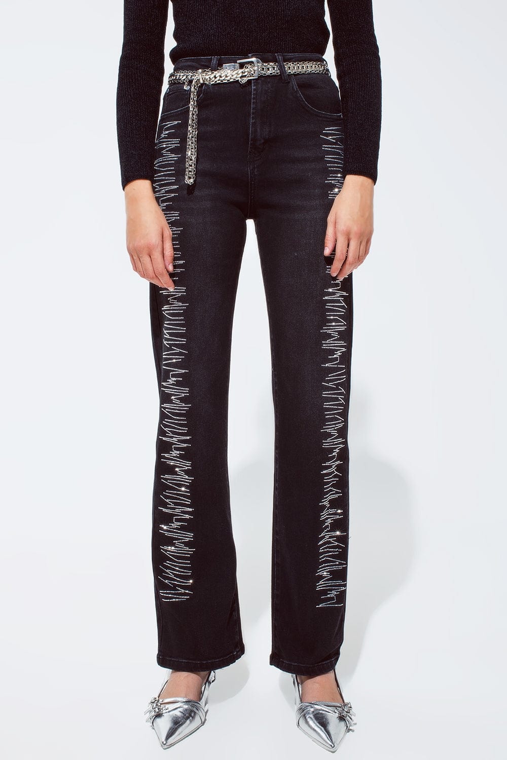 Q2 Women's Jean Straight Jeans In Black With Silver Strass Details