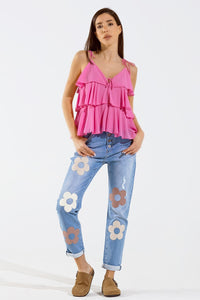 Q2 Women's Jean Straight Jeans With Button Closing And Flower Detail In Front