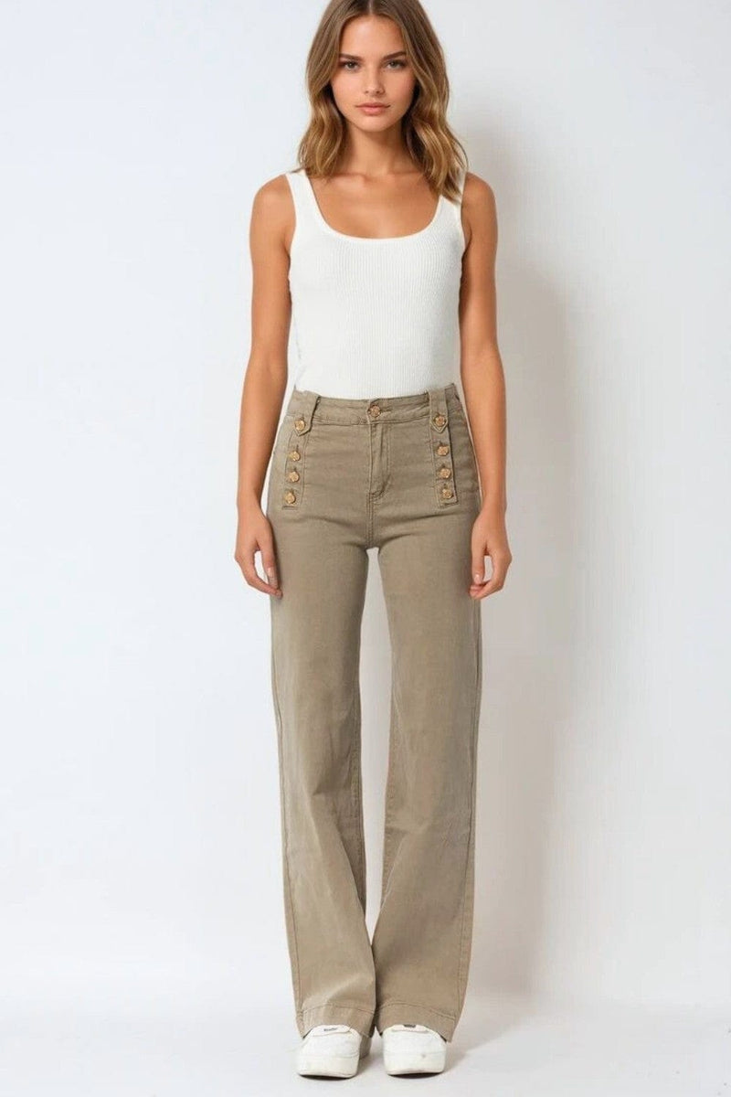 Q2 Women's Jean Straight Jeans With Gold Buttons At The Side In Beige