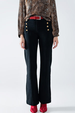 Q2 Women's Jean Straight Jeans With Gold Buttons At The Side In Black