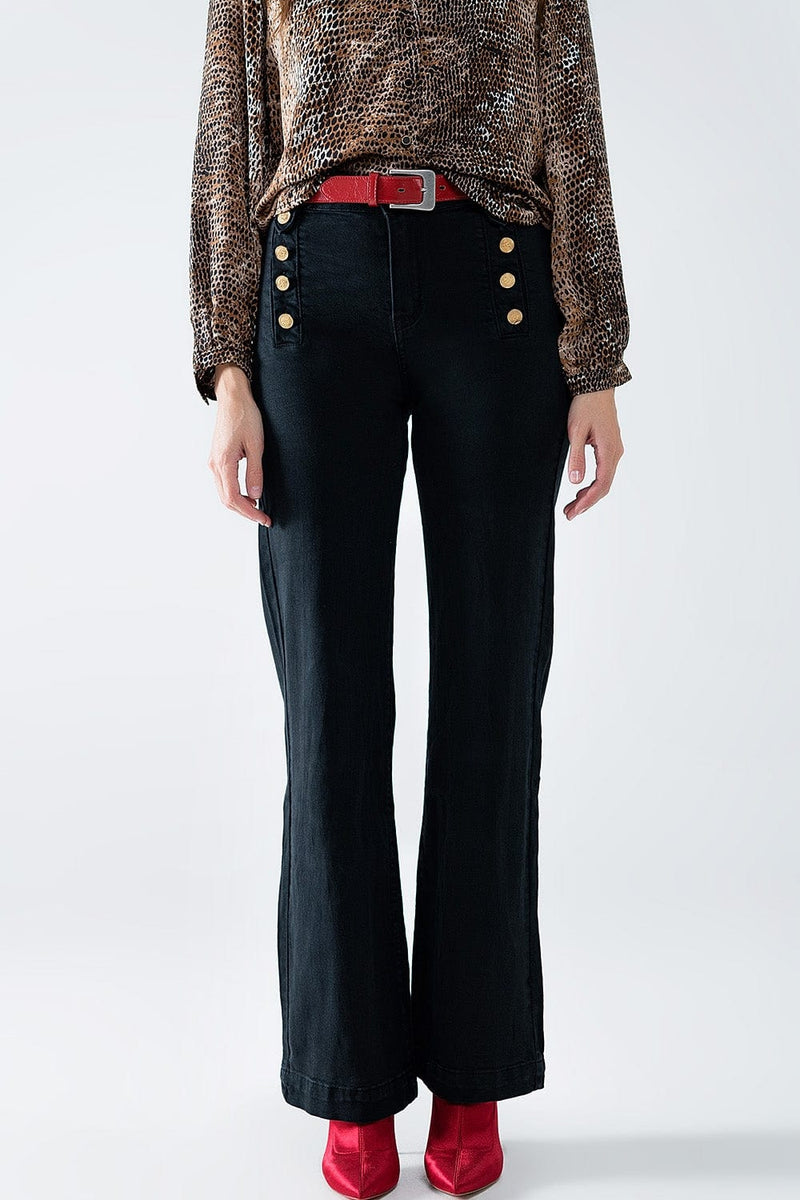 Q2 Women's Jean Straight Jeans With Gold Buttons At The Side In Black