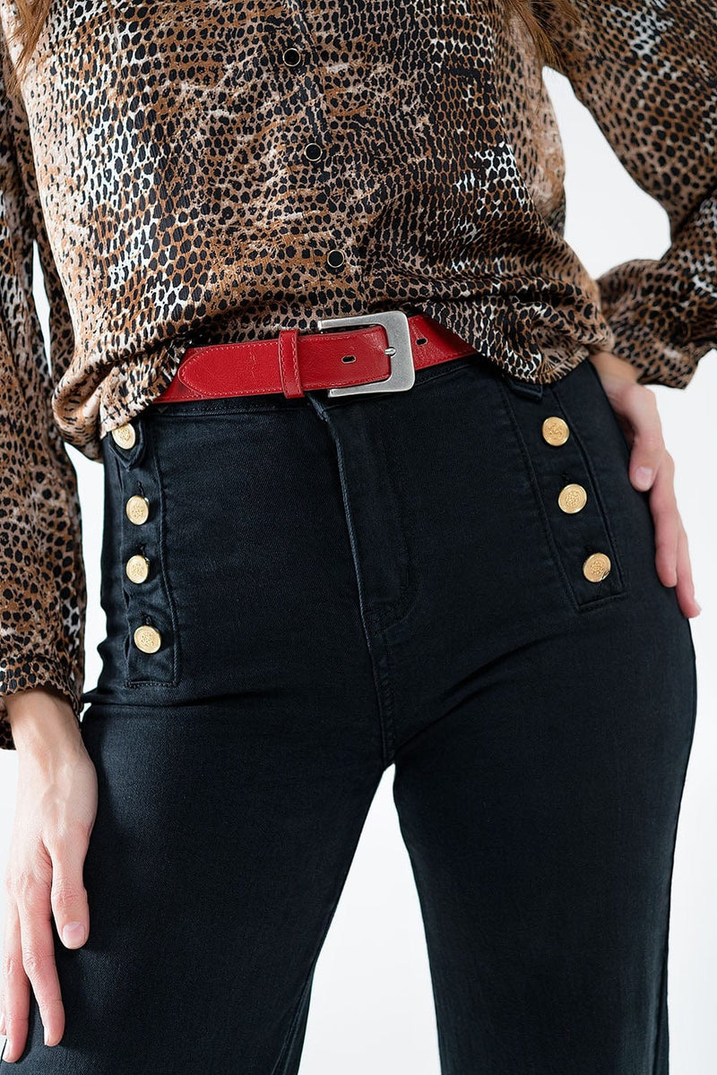 Q2 Women's Jean Straight Jeans With Gold Buttons At The Side In Black