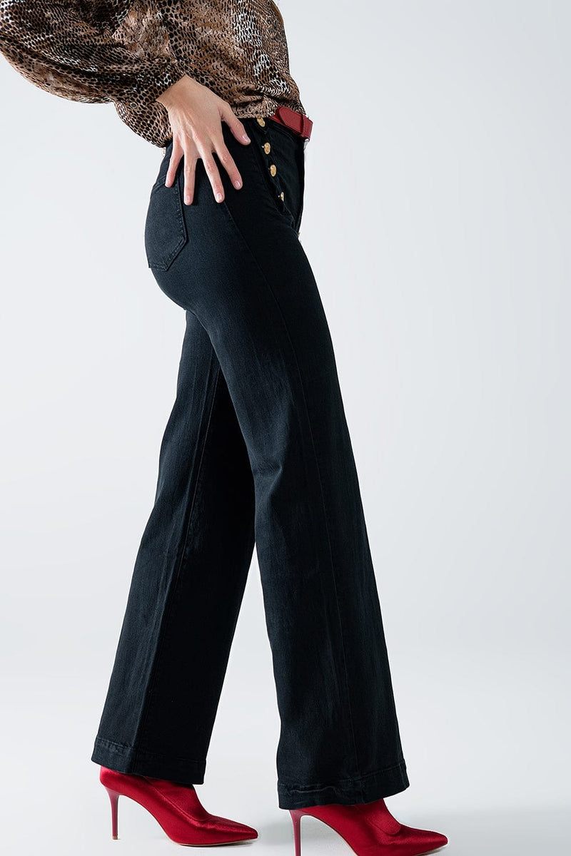 Q2 Women's Jean Straight Jeans With Gold Buttons At The Side In Black