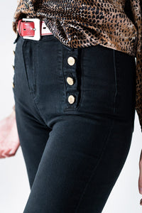 Q2 Women's Jean Straight Jeans With Gold Buttons At The Side In Black