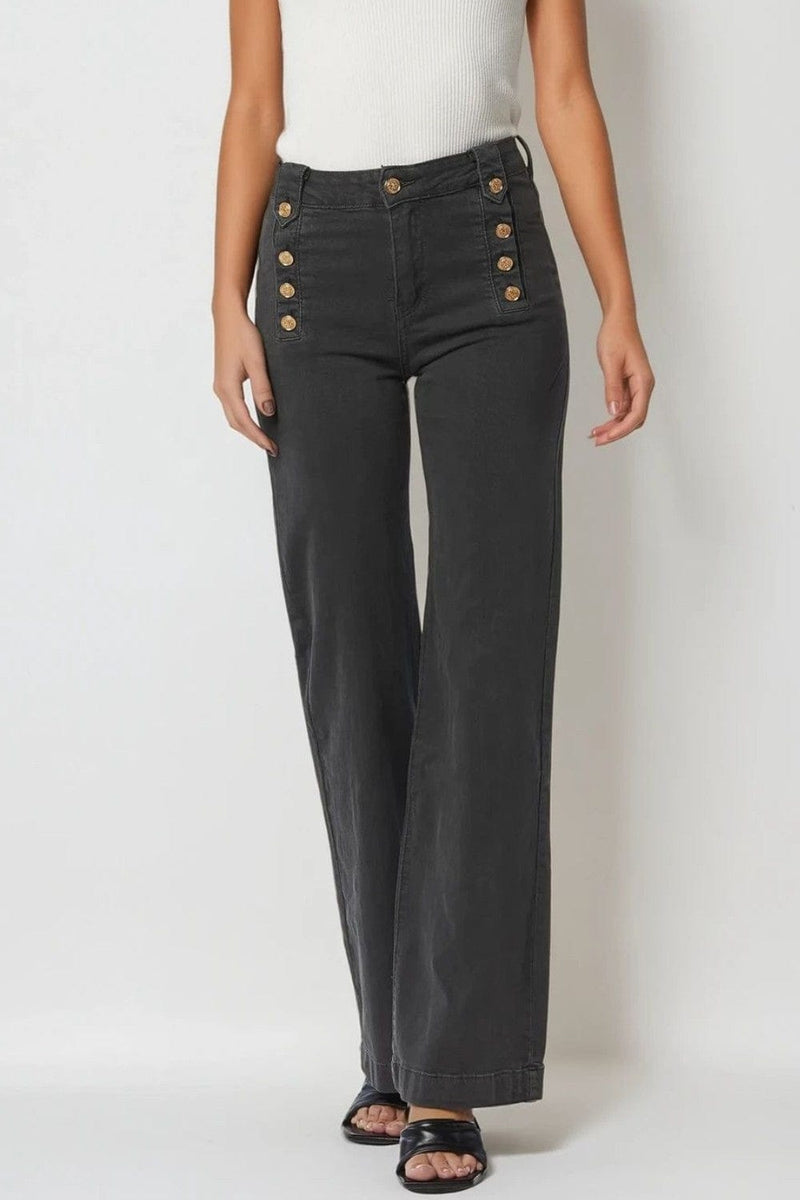 Q2 Women's Jean Straight Jeans With Gold Buttons At The Side In Dark Grey