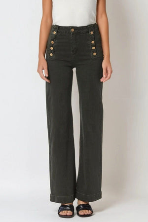 Q2 Women's Jean Straight Jeans With Gold Buttons At The Side In Khaki