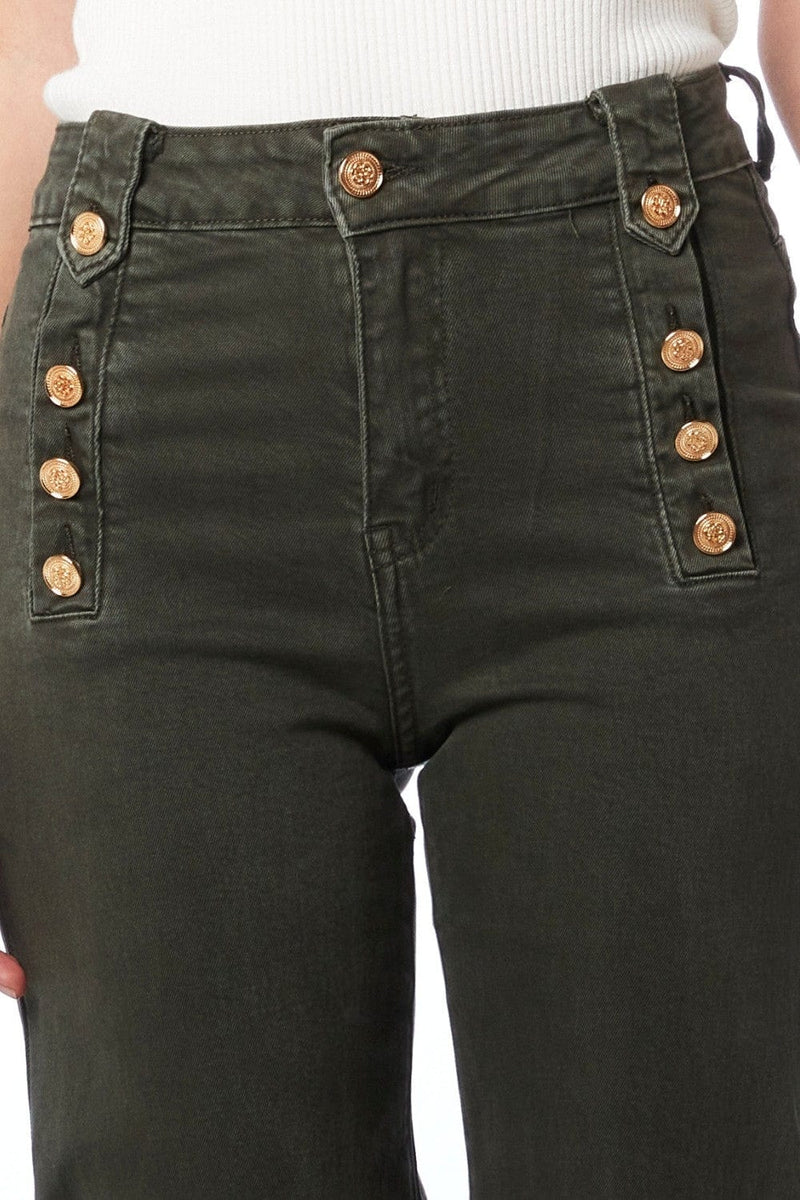 Q2 Women's Jean Straight Jeans With Gold Buttons At The Side In Khaki