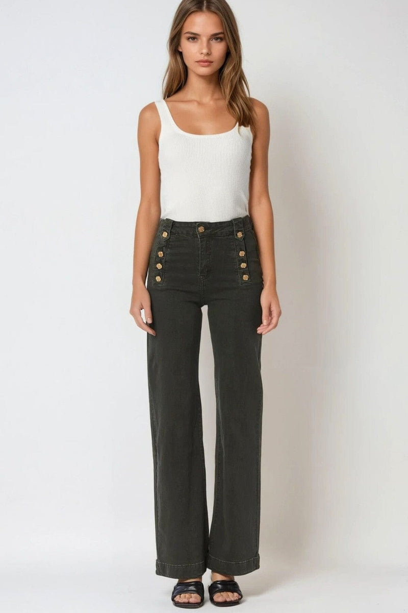 Q2 Women's Jean Straight Jeans With Gold Buttons At The Side In Khaki