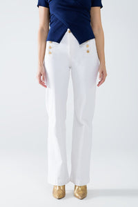 Q2 Women's Jean Straight Jeans With Gold Buttons At The Side In White