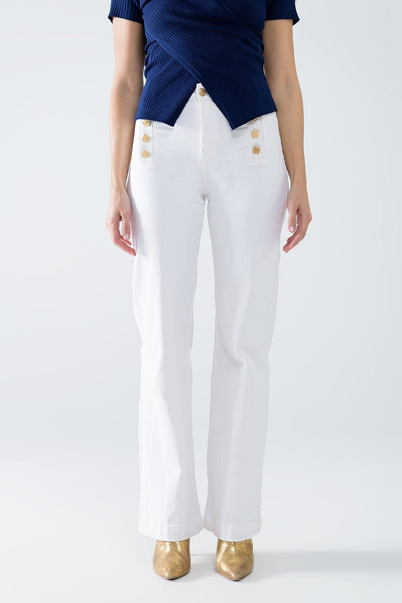 Q2 Women's Jean Straight Jeans With Gold Buttons At The Side In White