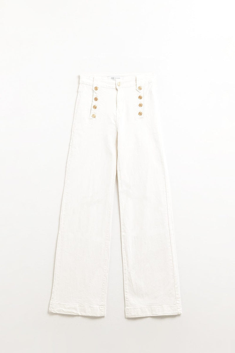 Q2 Women's Jean Straight Jeans With Gold Buttons At The Side In White