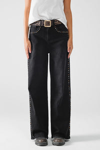 Q2 Women's Jean Straight Jeans With Stud Trim Details On The Sides In Black