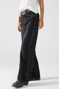 Q2 Women's Jean Straight Jeans With Stud Trim Details On The Sides In Black