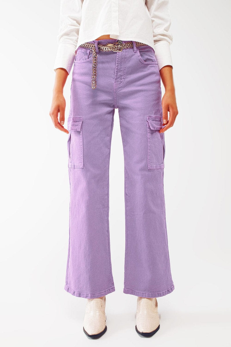 Q2 Women's Jean Straight Leg Cargo Jeans In Purple